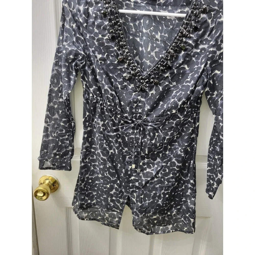 Michael Kors Womens Blouse Size XS Animal Print, Beaded Bodice, 3/4 Sleeve EUC
